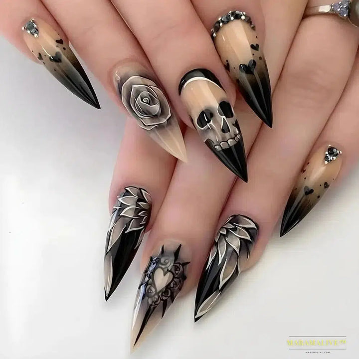 24pcs Gothic Rose Rhinestone Halloween Skull Fake Nails - Detachable, Full Cover, Wearable Long Length Press on Nails