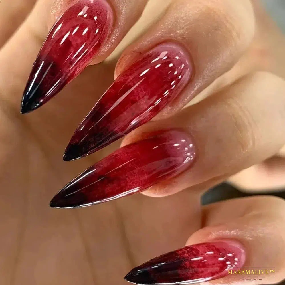 24pcs Gradient Blood Red Long Pointed Halloween False Nail Sets - Gothic Style Makeup and Costume Accessory