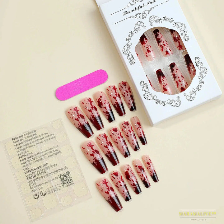 24pcs Halloween Blood Drops Gradient False Nails - Super Long Ballerina-Style Fingernail Manicure Art Decoration