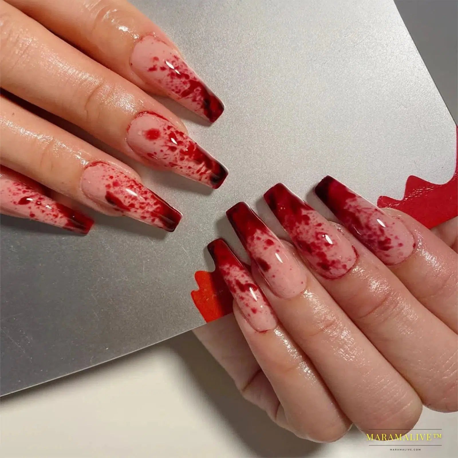 24pcs Halloween Blood Drops Gradient False Nails - Super Long Ballerina-Style Fingernail Manicure Art Decoration