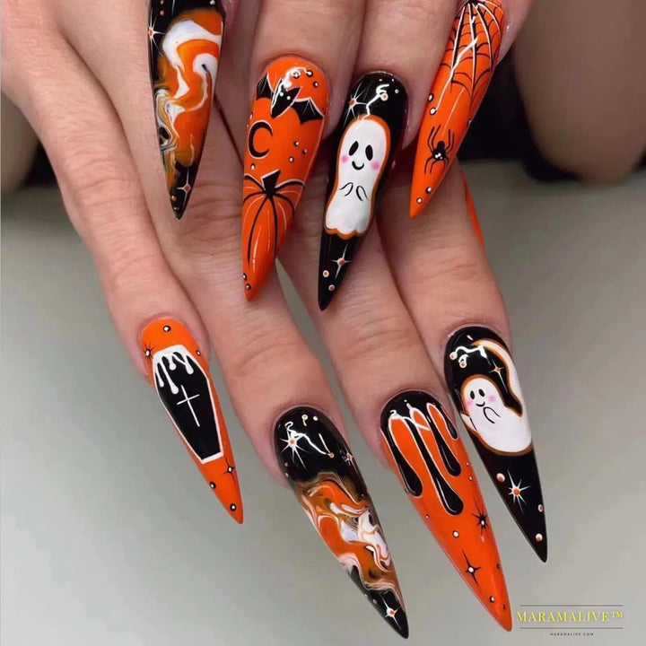 24pcs Halloween Dark Scrub 3D Black Snake False Nails - Super Long Pointy Press-On Y2K Nails for Mysterious Gothic Look