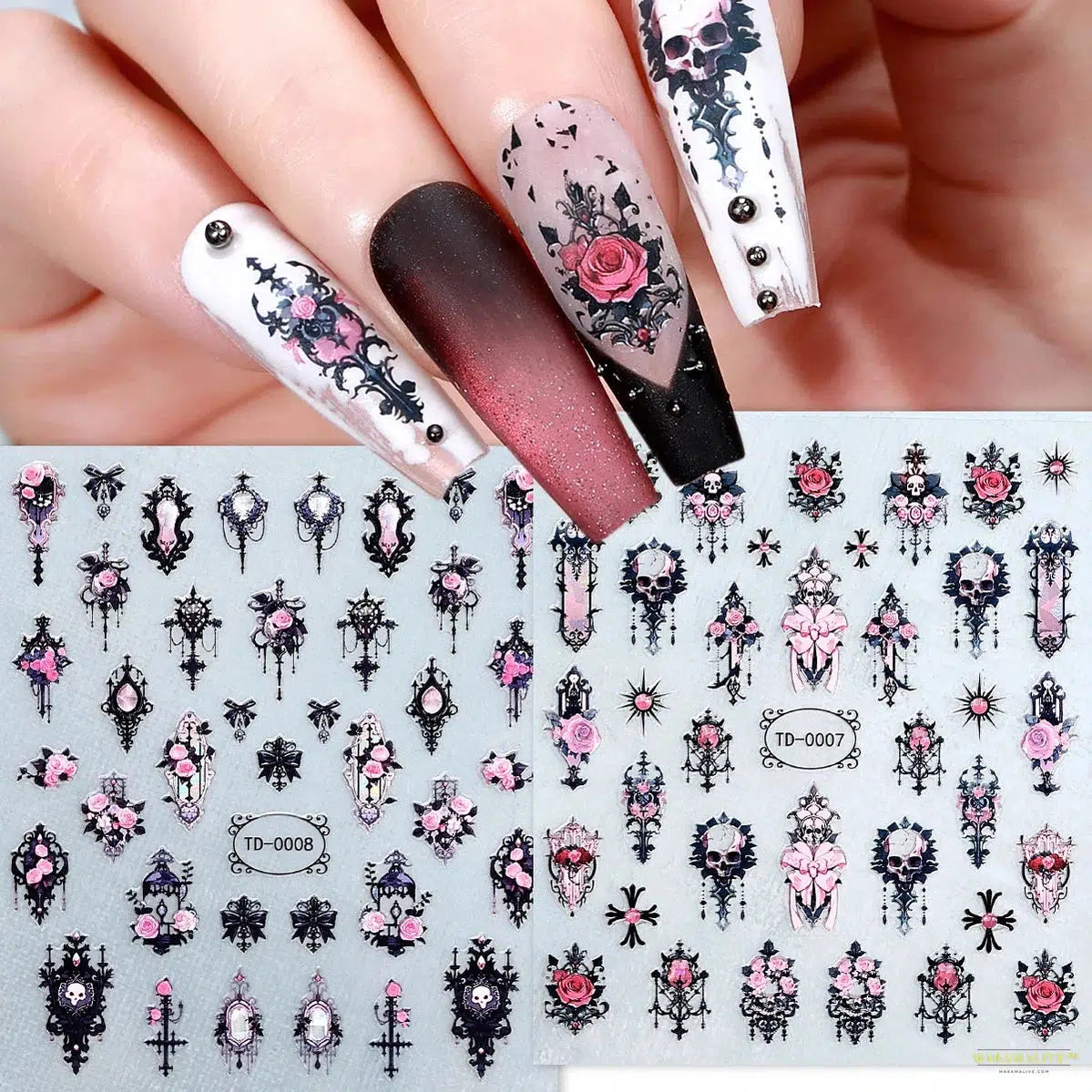 2pcs Unique Black Pink Gothic Halloween Nail Art Stickers - 3D Skull Rose Flowers Design, Adhesive Nail Decals for Manicure Sliders