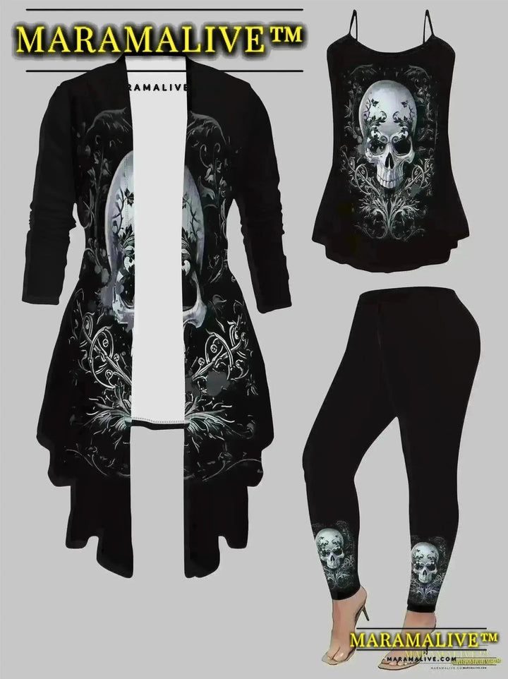 3-piece3-piece Gothic Skull Print Women's 3-Piece Set: Elegant Knit Top, Cardigan, and Pants - All-Season Polyester Gothic Skull Print Women's 3-Piece Set: Elegant Middle Eastern Style Knit Top, Cardigan, and Pants - All-Season Polyester