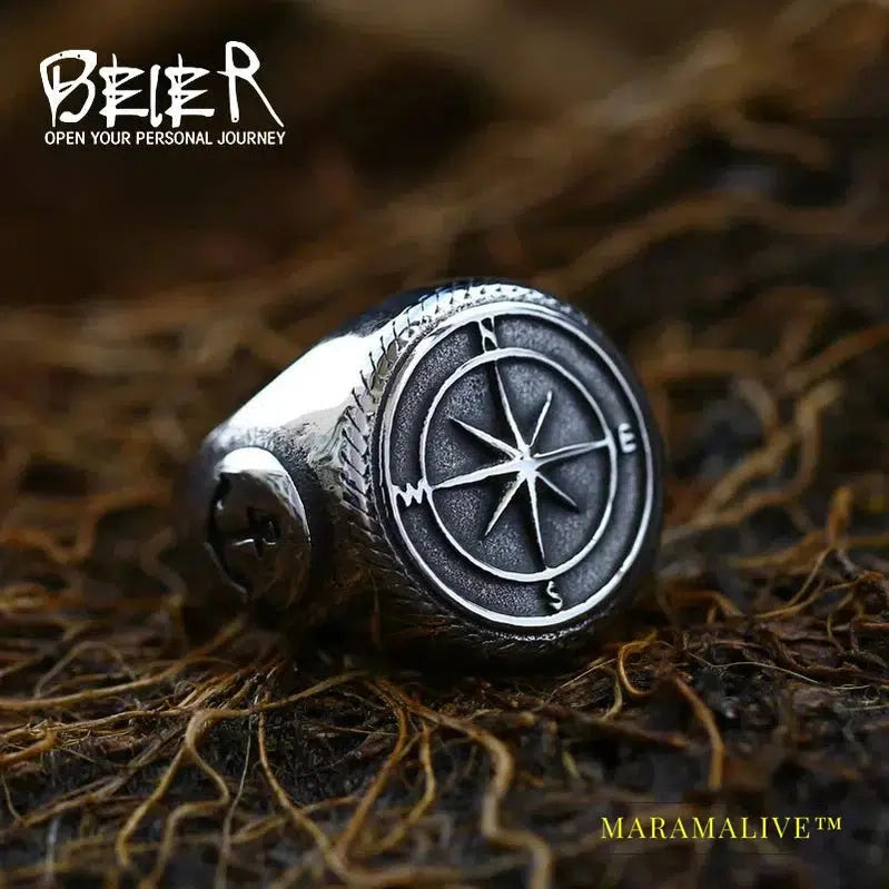 316L Stainless Steel Viking Cross Compass Runic Pirate Men's Ring Nautical Fashion Jewelry