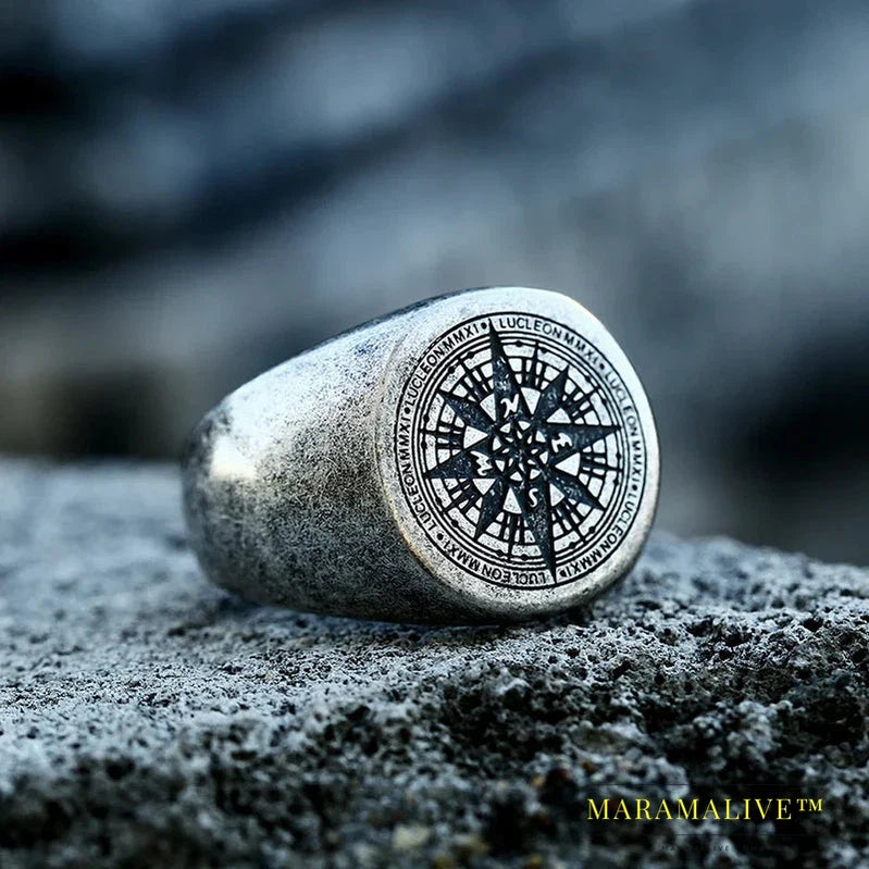 316L Stainless Steel Viking Cross Compass Runic Pirate Men's Ring Nautical Fashion Jewelry