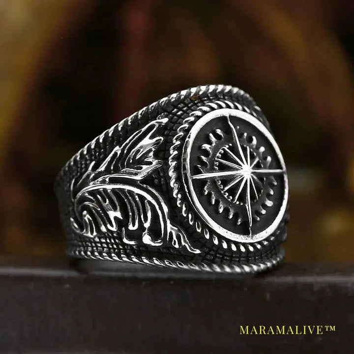 316L Stainless Steel Viking Cross Compass Runic Pirate Men's Ring Nautical Fashion Jewelry