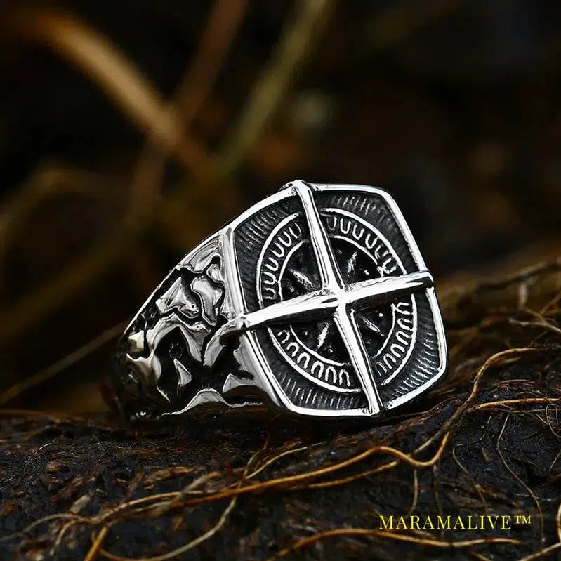 316L Stainless Steel Viking Cross Compass Runic Pirate Men's Ring Nautical Fashion Jewelry