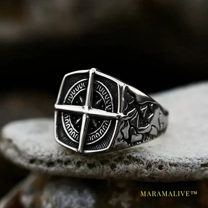 316L Stainless Steel Viking Cross Compass Runic Pirate Men's Ring Nautical Fashion Jewelry