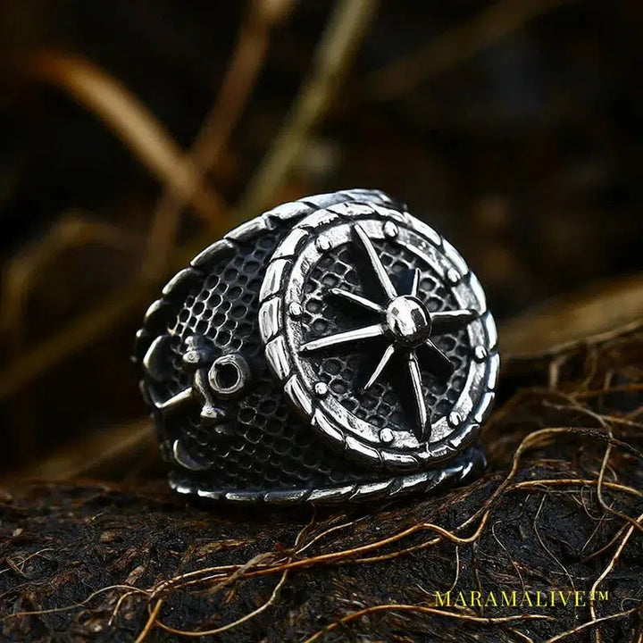 316L Stainless Steel Viking Cross Compass Runic Pirate Men's Ring Nautical Fashion Jewelry