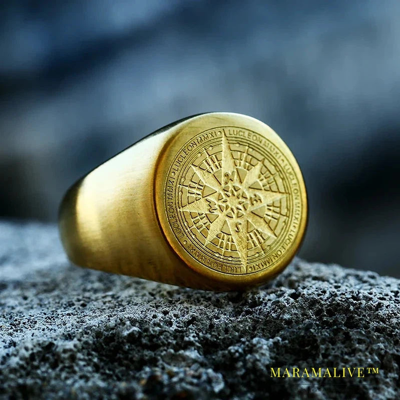 316L Stainless Steel Viking Cross Compass Runic Pirate Men's Ring Nautical Fashion Jewelry