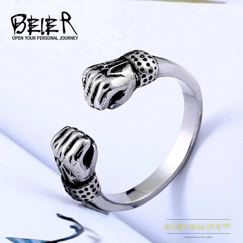 316L Stainless Steel ring men Clenched his fists Symbol of strength Punk Fashion Good detail