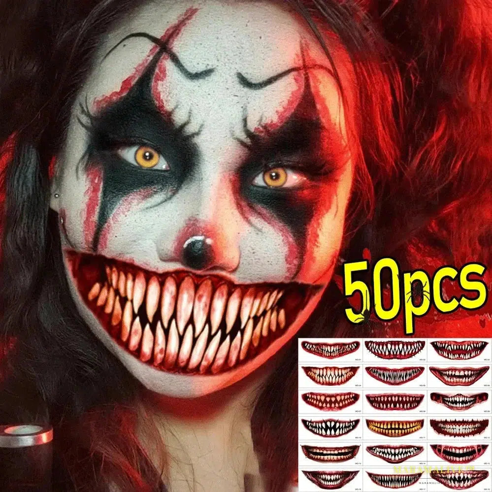 50pc Mysterious Halloween Horror Big Mouth Face Temporary Tattoo Stickers - Realistic Prank Makeup for DIY Cosplay