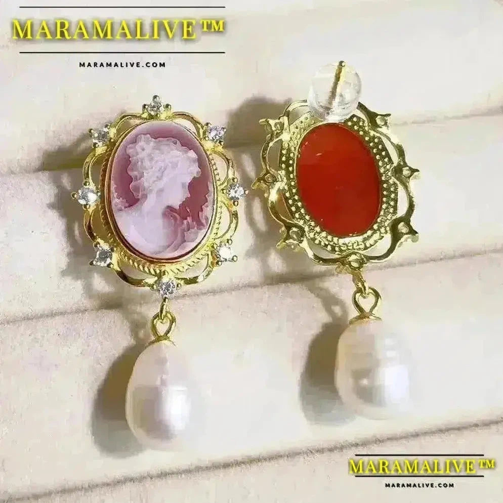 925 Sterling Silver Beauty Head Cameo Earrings Natural Agate Beauty Head Earrings for Women Gift