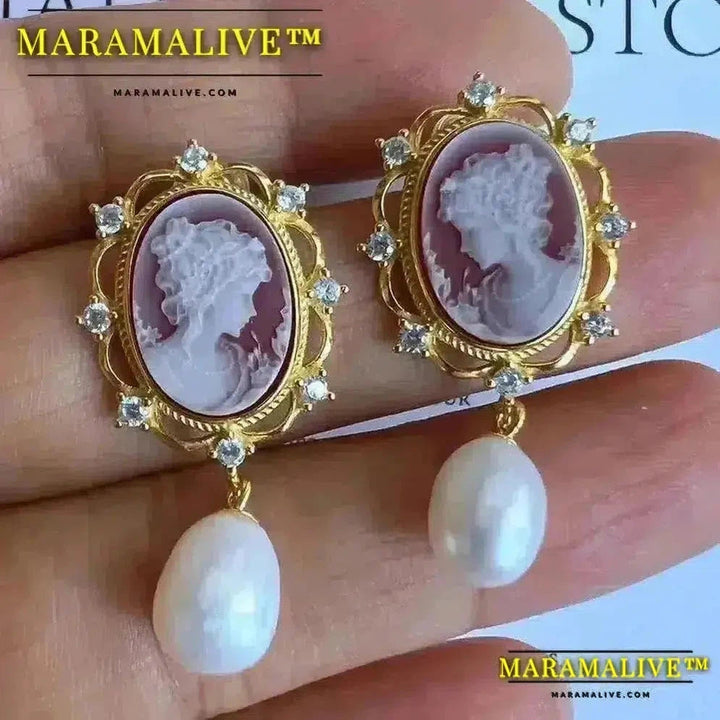 925 Sterling Silver Beauty Head Cameo Earrings Natural Agate Beauty Head Earrings for Women Gift