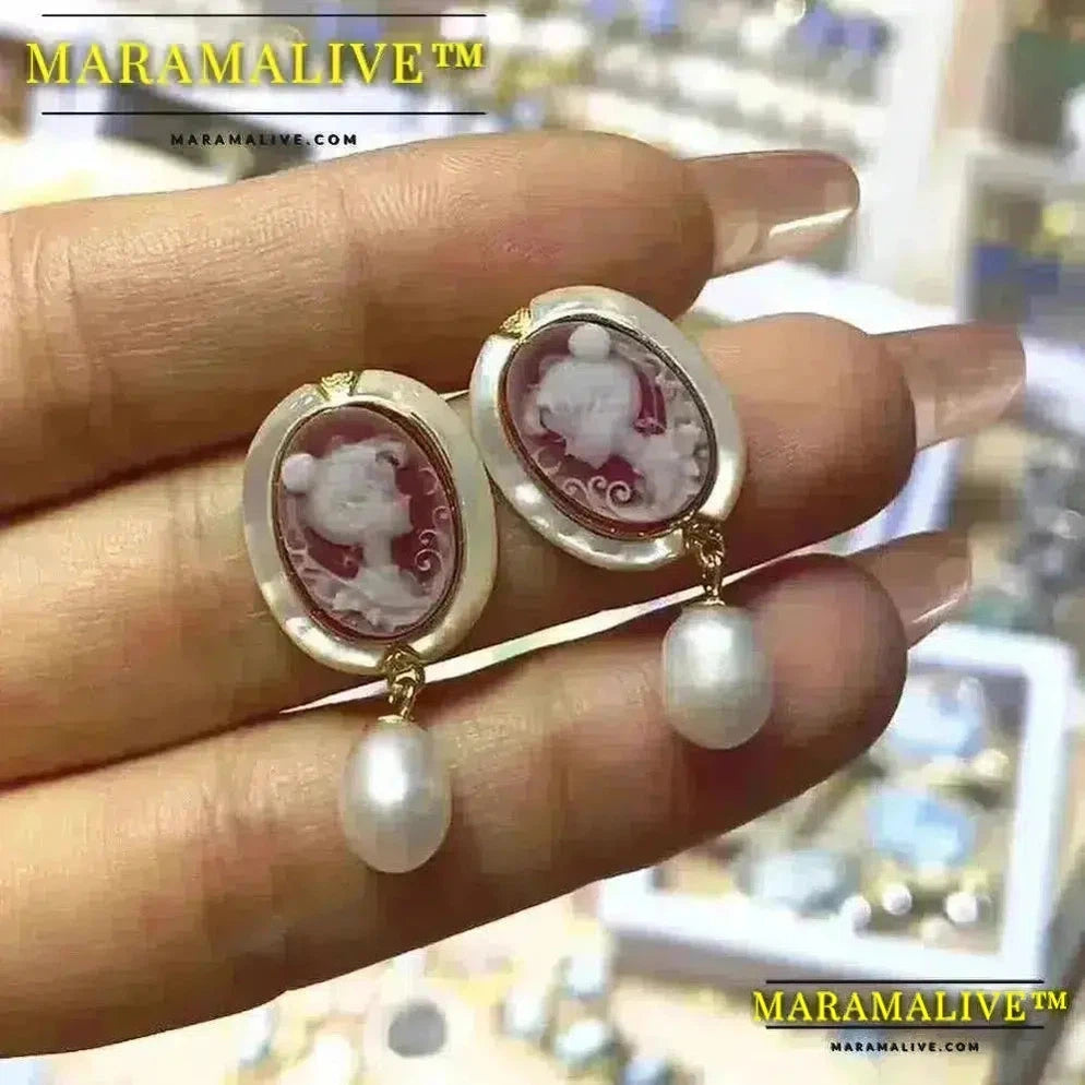 925 Sterling Silver Beauty Head Cameo Earrings Natural Agate Beauty Head Earrings for Women Gift