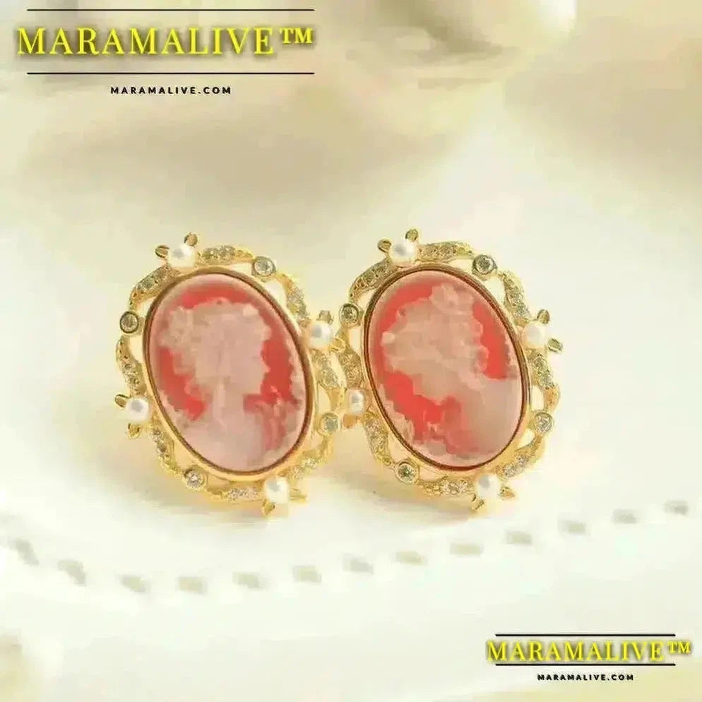 925 Sterling Silver Beauty Head Cameo Earrings Natural Agate Beauty Head Earrings for Women Gift