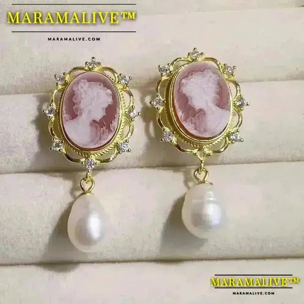 925 Sterling Silver Beauty Head Cameo Earrings Natural Agate Beauty Head Earrings for Women Gift