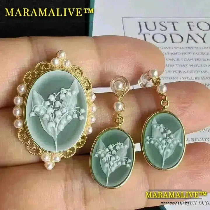 925 Sterling Silver Flower Cameo Earrings Natural Agate Lily of the Valley Earrings for Women Gift