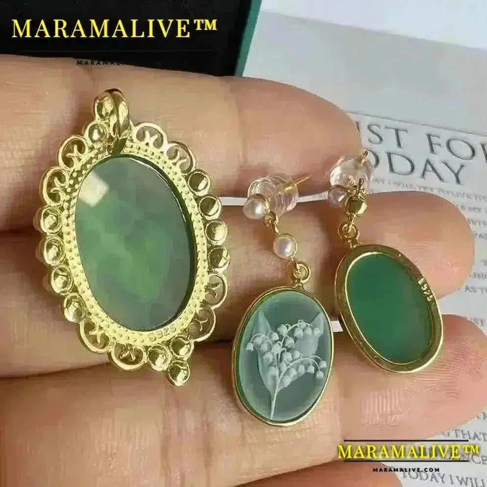 925 Sterling Silver Flower Cameo Earrings Natural Agate Lily of the Valley Earrings for Women Gift