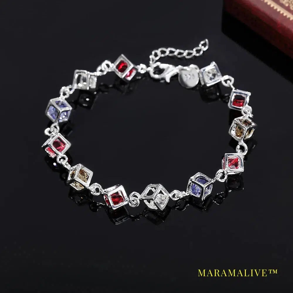 925 Sterling Silver Multicolor Square AAA Zircon Bracelet For Women Wedding Engagement Party Fashion Jewelry