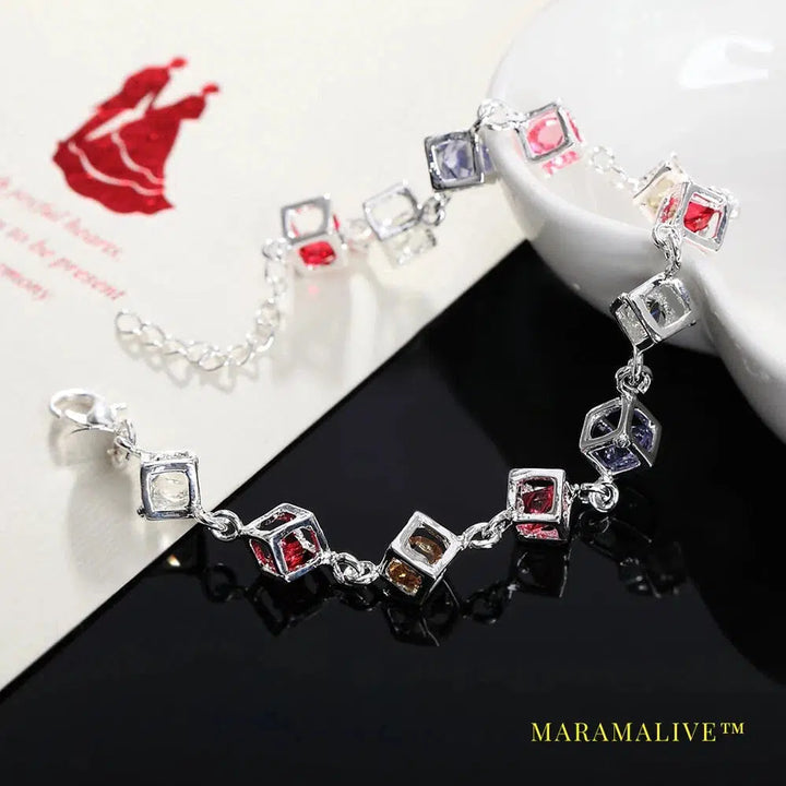 925 Sterling Silver Multicolor Square AAA Zircon Bracelet For Women Wedding Engagement Party Fashion Jewelry