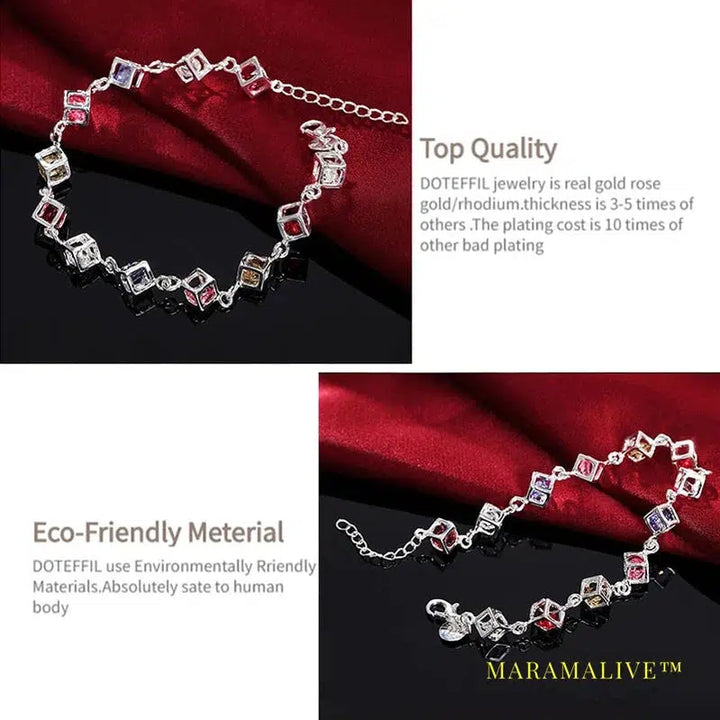 925 Sterling Silver Multicolor Square AAA Zircon Bracelet For Women Wedding Engagement Party Fashion Jewelry