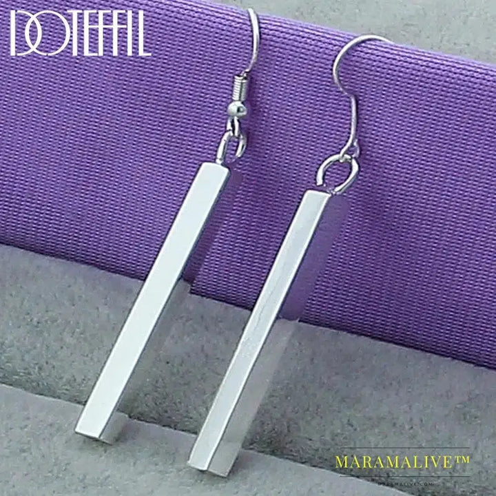 925 Sterling Silver Square Pillar Drop Earrings Women