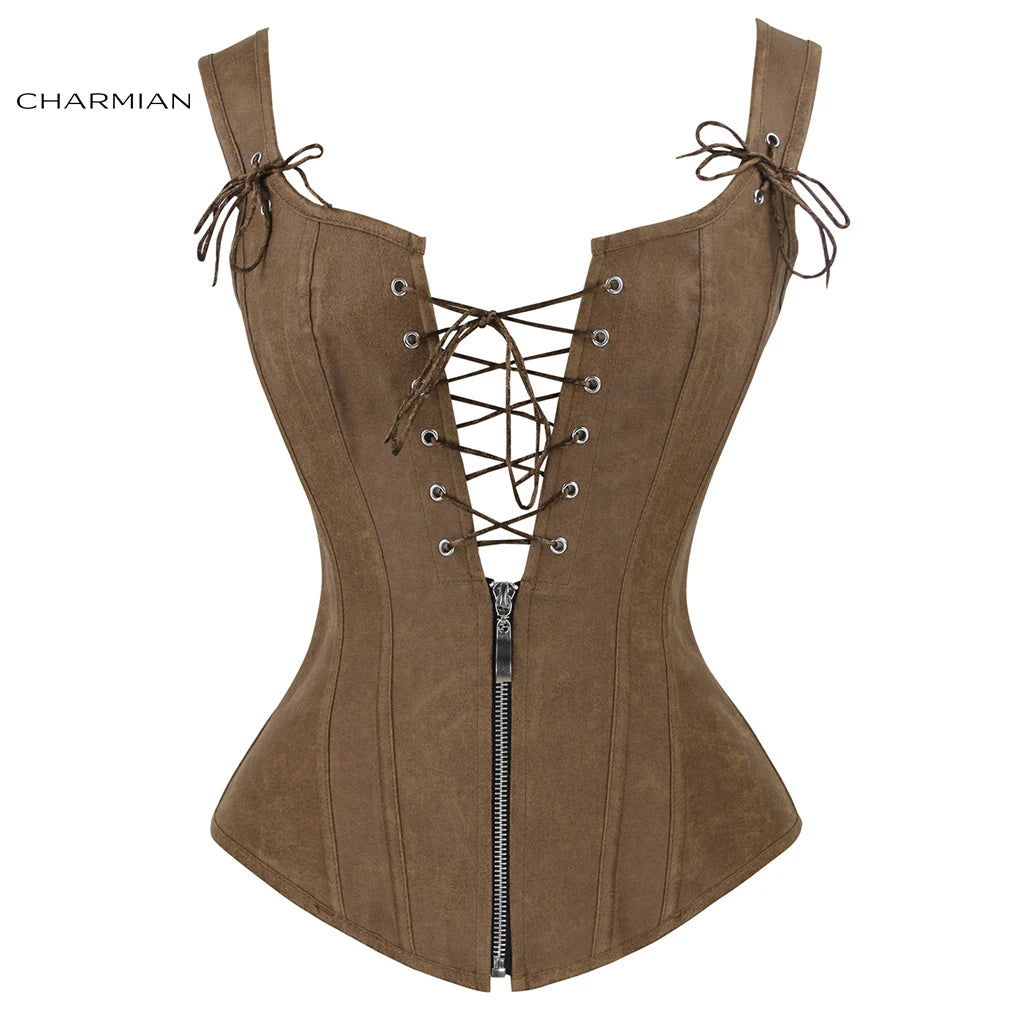 Maramalive™ Women Renaissance Corset Sexy Vintage Plus Size Leather Zipper Brown Corset Bustier Top With Garters Steampunk Clothing