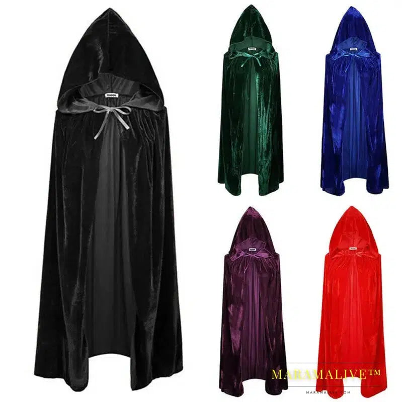 Adult Party Velvet Cloak Cape Hooded Medieval Costume Witch Vampire Cosplay Costumes Women Men Halloween Clothes Black 170cm