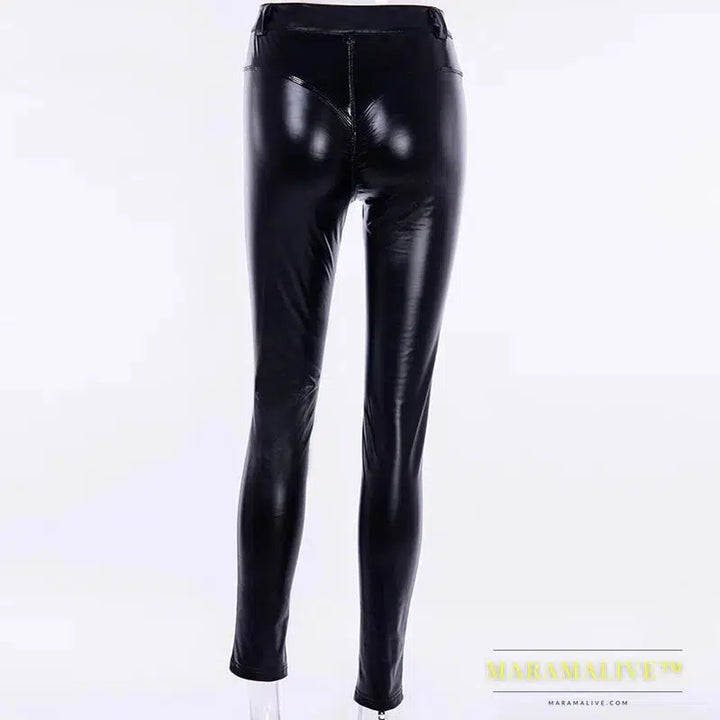 Adult Punk Goth Push Up Hip Shape Leggings Slim Sexy Bodycon Skinny Pencil Pants Club PU Patent Leather Trouser For Women Spring