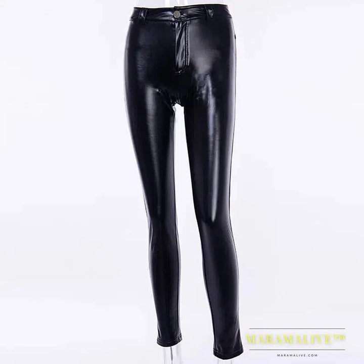 Adult Punk Goth Push Up Hip Shape Leggings Slim Sexy Bodycon Skinny Pencil Pants Club PU Patent Leather Trouser For Women Spring