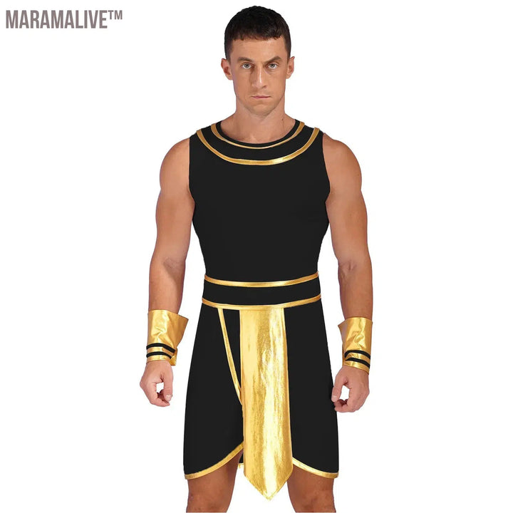 Adults Men's Ancient Egypt Costume Halloween Greek Roman Toga Cosplay Dress One Shoulder Strap Suspender Ruffle Skirt Dress Up