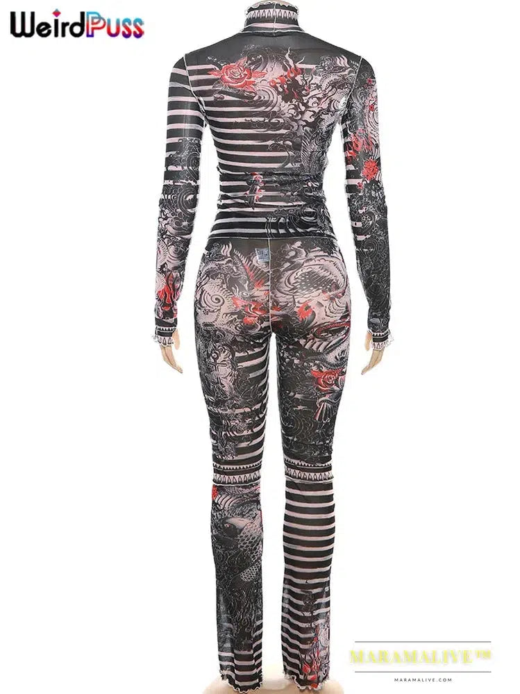 Aesthetic Print Sexy Women 2 Piece Set See Through Midnight Spring Turtleneck Crop Tops+Pants Stretch Skinny Clubwear