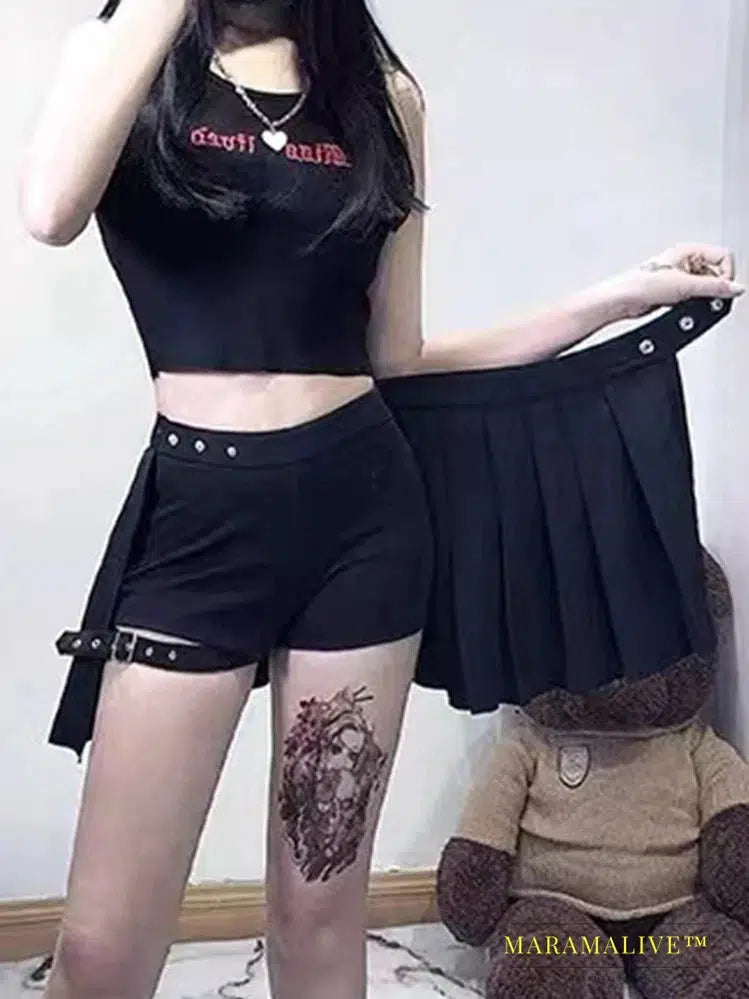 AltGoth Punk Mall Goth Shorts Skirt Women Y2k E-girl Streetwear Leg Ring Buckle Detachable High Waist Emo Alt Clubwear