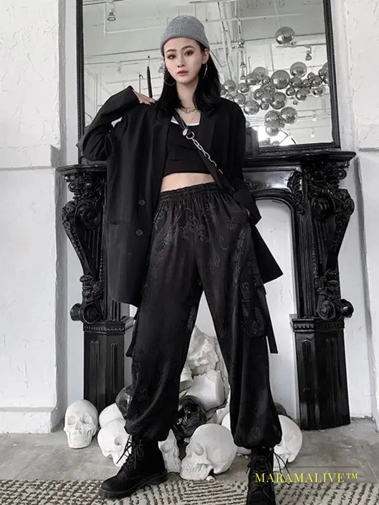 AltGoth Retro Mall Goth Pants Women Dragon Printed High Waist Loose Straight Trousers Street Grunge Dark Cargo Pants