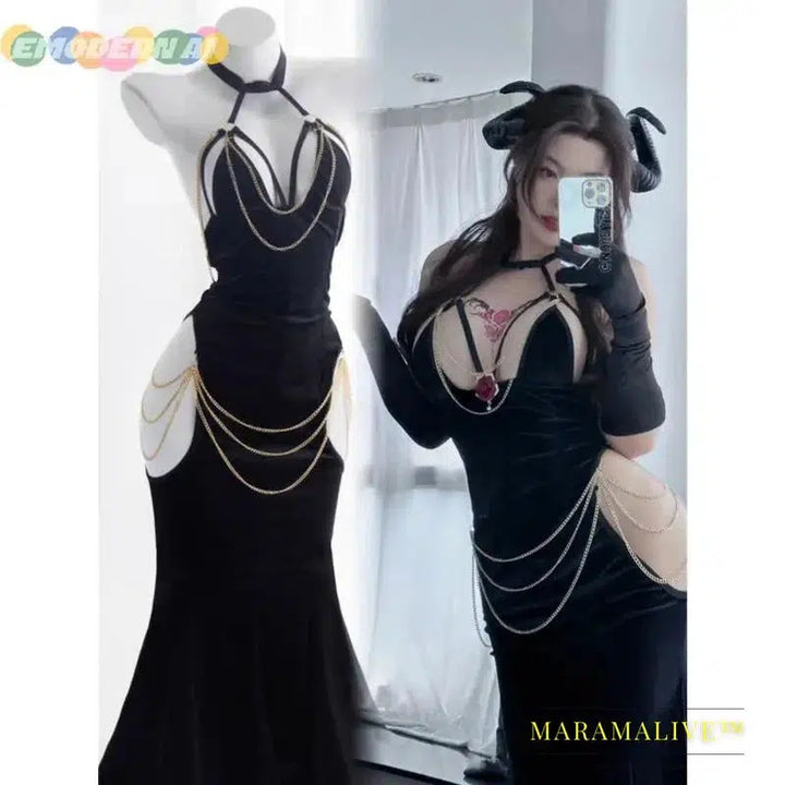 Anime Overlord Albedo Cosplay Costumes Glove Dress Wrapped Hip Fish Tail Skirt Black Mermaid Halloween Girl Costumes