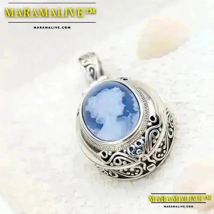 Authentic 925 Sterling Silver Pendant Lady Cameo Retro Style Silver Inlaid Blue Agate Pendant Concise Trendy Jewelry Gift