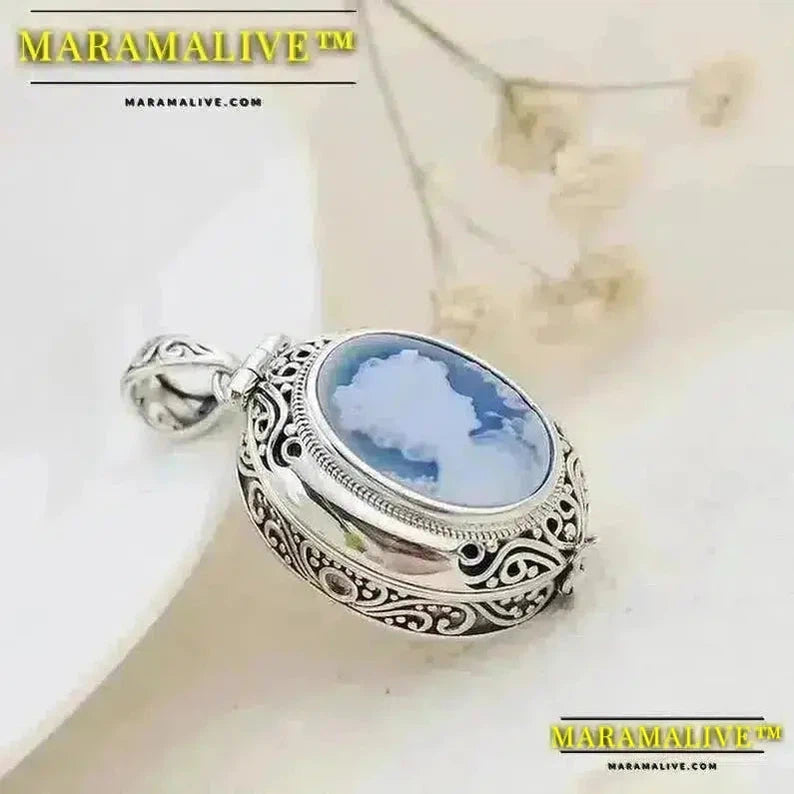 Authentic 925 Sterling Silver Pendant Lady Cameo Retro Style Silver Inlaid Blue Agate Pendant Concise Trendy Jewelry Gift