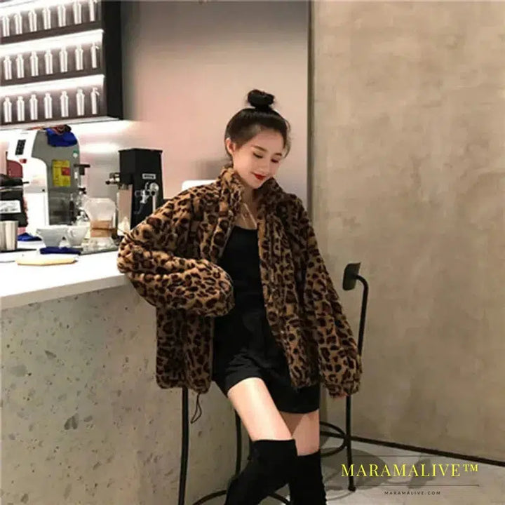 Autumn Fuzzy Leopard Print Jacket Women Fashion Stand Collar Warm Parkas Outwear Winter Female Loose Faux Fur Coats New