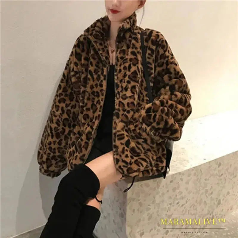 Autumn Fuzzy Leopard Print Jacket Women Fashion Stand Collar Warm Parkas Outwear Winter Female Loose Faux Fur Coats New