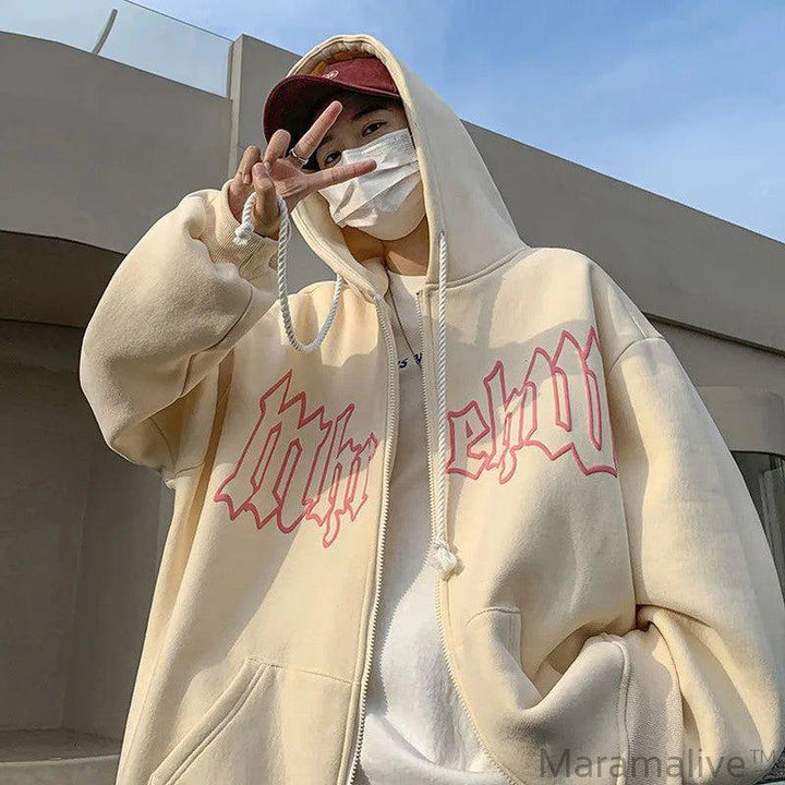 Autumn Men's Letter Foam Print Zip up Hoodies Y2K Goth Streetwear Loose Sweatshirts Female Hip Hop Oversized Hoodie Tracksuit