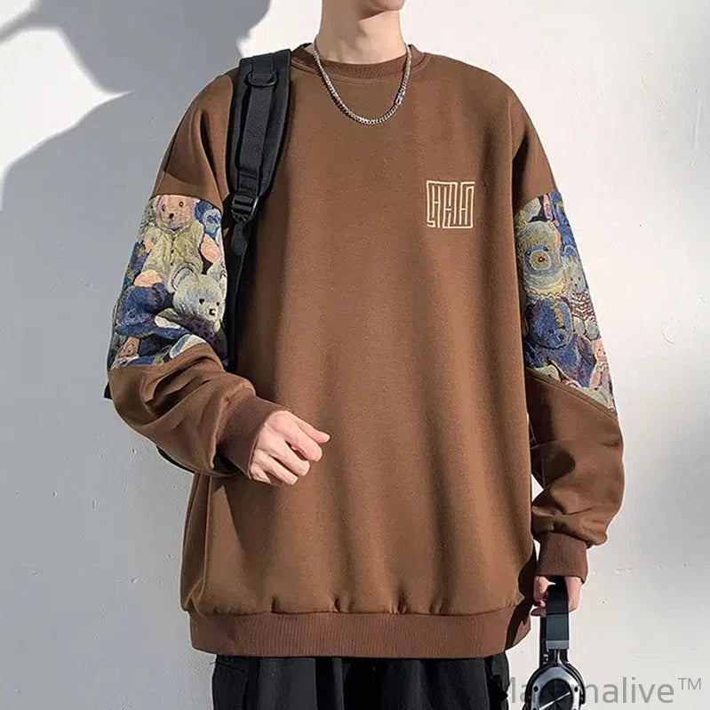 Autumn New Men's Sweatshirts Bear Pattern Patchwork Oversized Male Clothing Embroidery Design Round Neck Pullover Tops