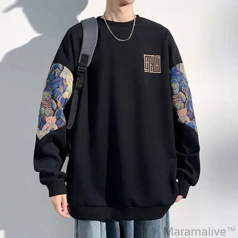 Autumn New Men's Sweatshirts Bear Pattern Patchwork Oversized Male Clothing Embroidery Design Round Neck Pullover Tops