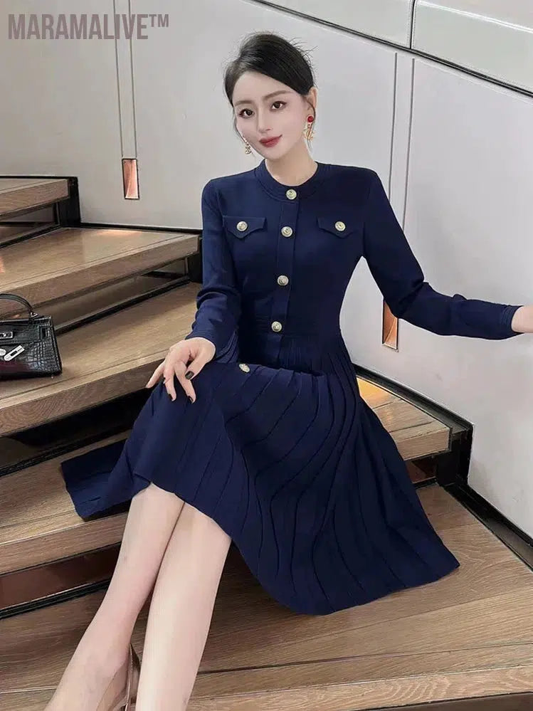 Autumn Winter Long Sleeve Knitting Sweater Dresses for Women 2024 New Designer Buttons Solid Pleated Knee Length Dress Blue