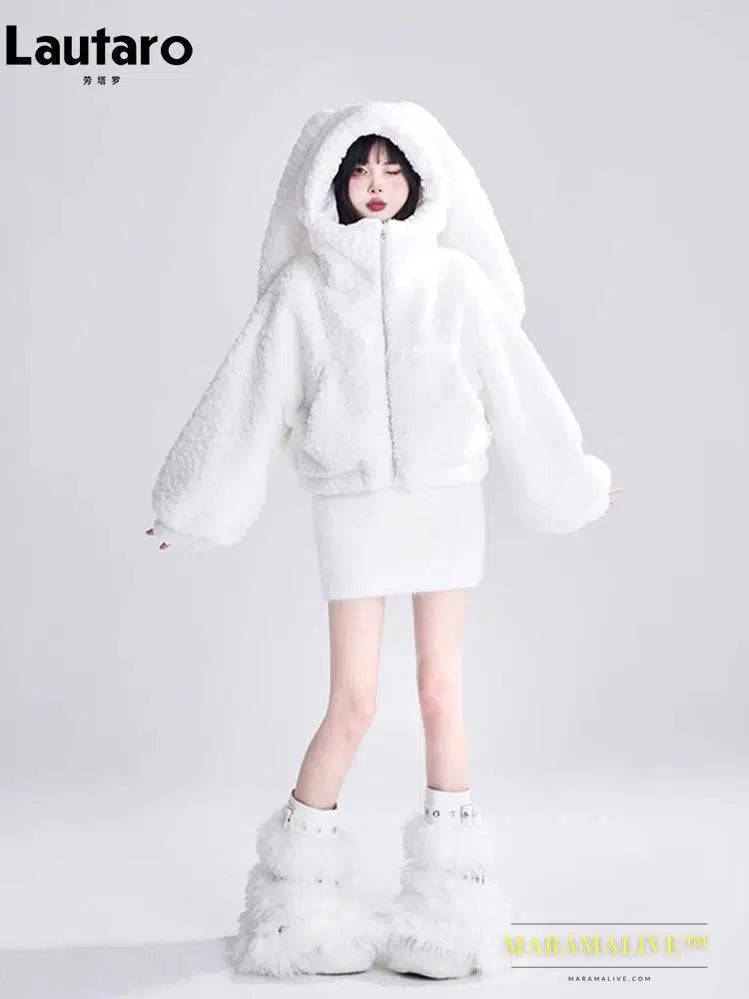 Autumn Winter Sweet Cute Lovely Warm Soft White Short Faux Fur Coat Women with Bunny Ears Fluffy Jacket Hoodie 2023