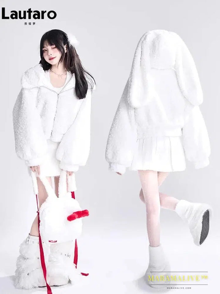 Autumn Winter Sweet Cute Lovely Warm Soft White Short Faux Fur Coat Women with Bunny Ears Fluffy Jacket Hoodie 2023