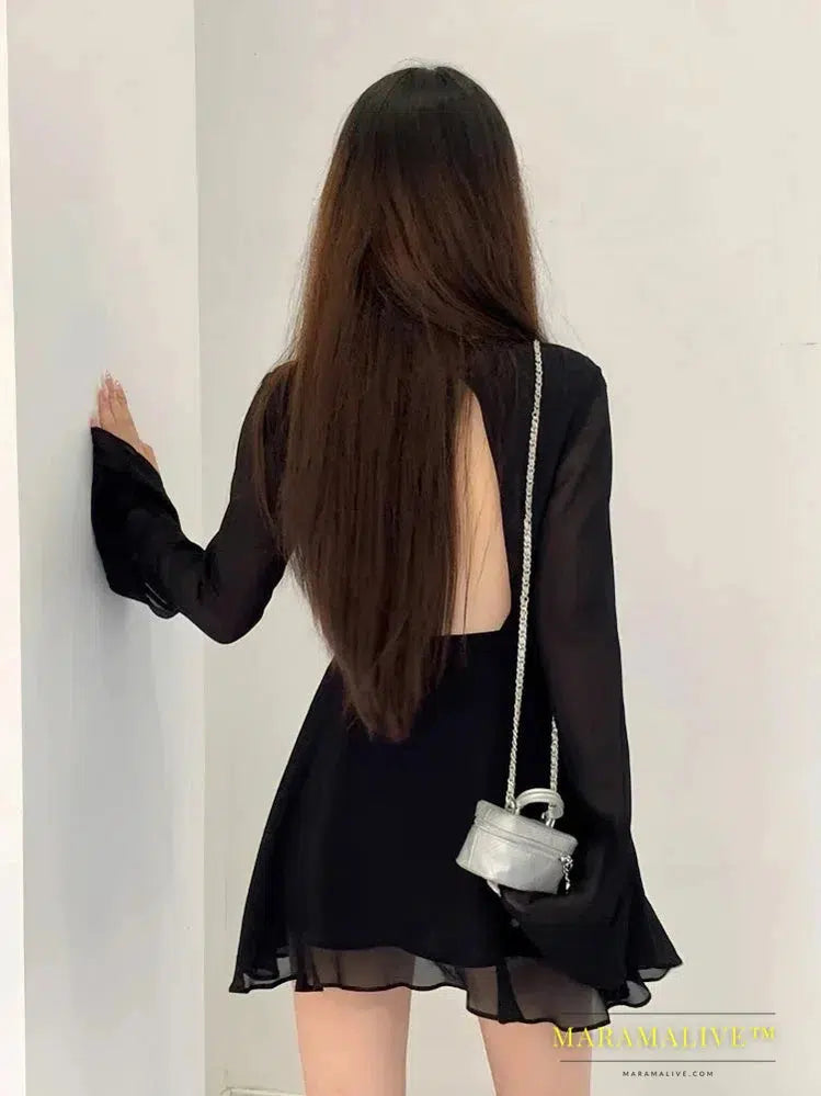 Backless Black Dress Women Elegant Back Hollow Out Lace-up Long Sleeve Mesh Patchwork Sexy Slim Ruffle Mini Dress Party