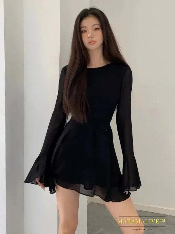 Backless Black Dress Women Elegant Back Hollow Out Lace-up Long Sleeve Mesh Patchwork Sexy Slim Ruffle Mini Dress Party