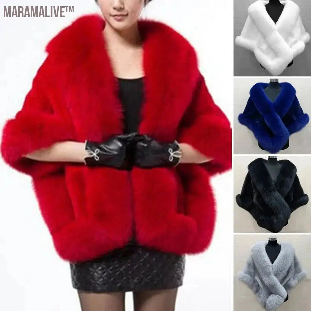 Big Faux Fur Wraps Winter Coat Warm shawls Outerwear White Black Blue Shrug Women Jacket