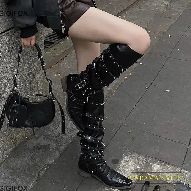 Biker Boots For Women Buckle Knee High Boots Pointed Toe Punk Motorcycle Goth Fashion Boots Winter Shoes Street Y2k